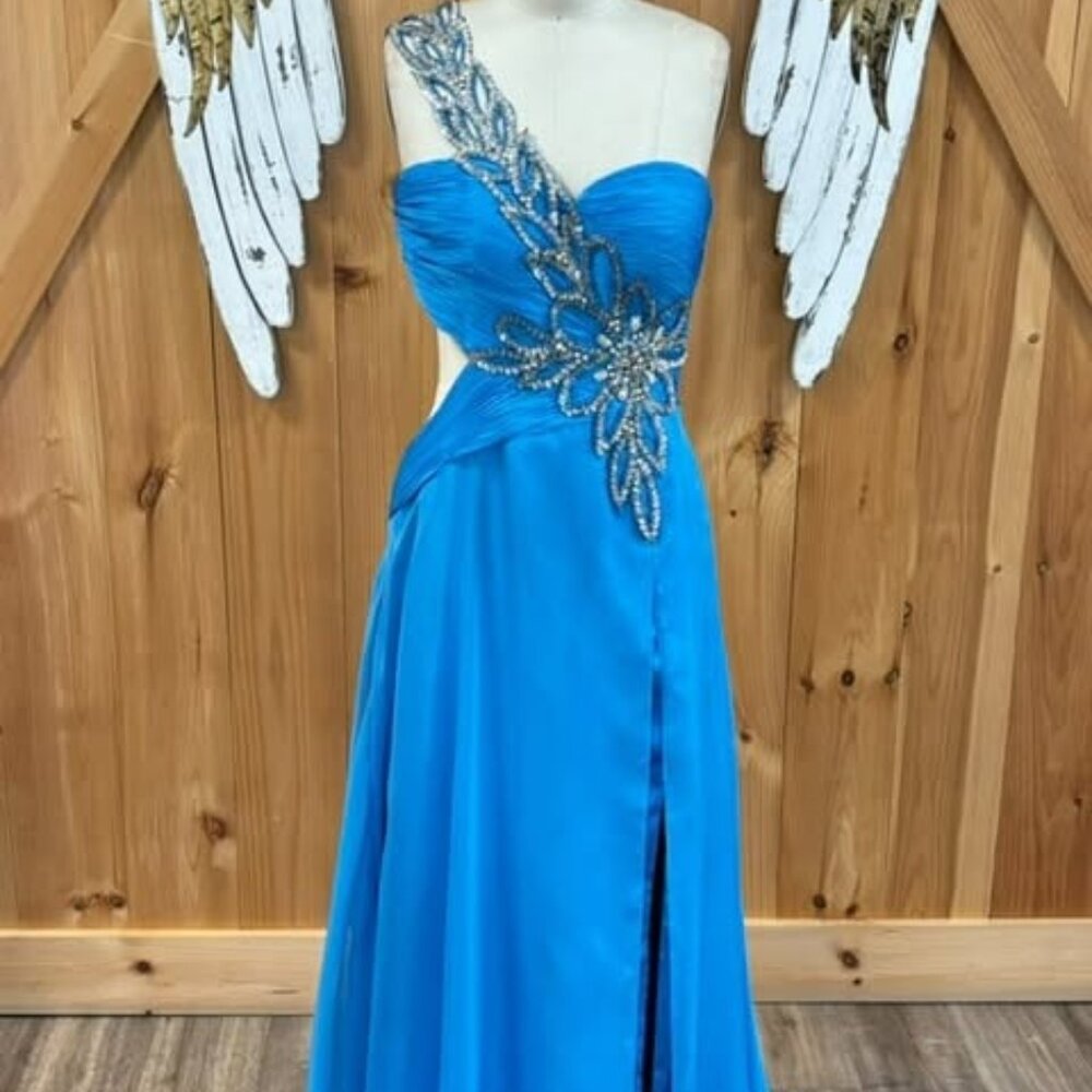 Light blue one shoulder dress with silver detailed strap over right shoulder